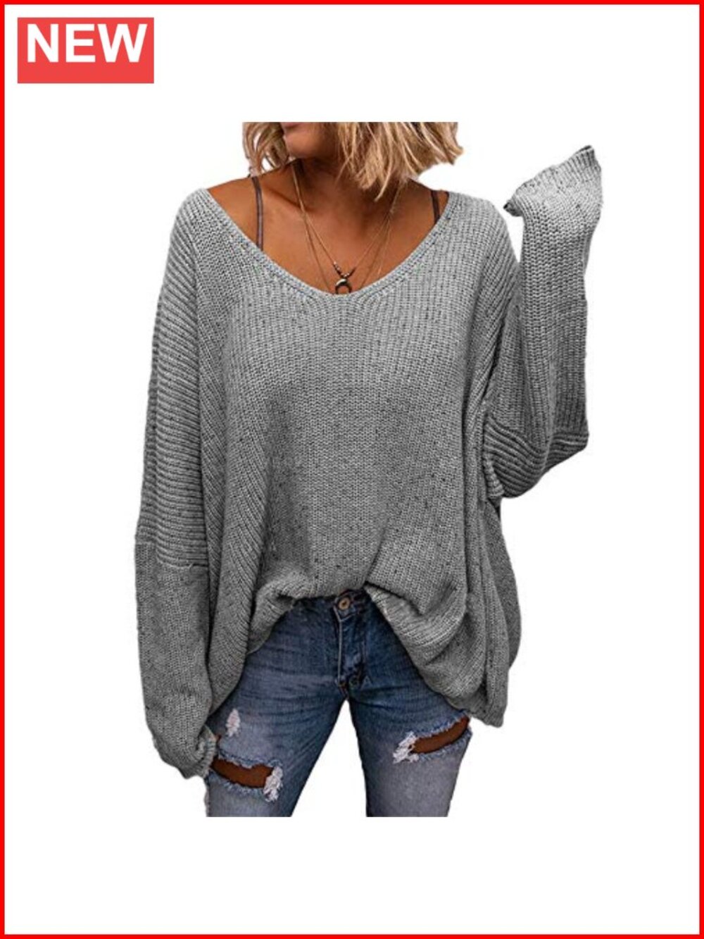 Women's V Neck Long Sleeve Knit Loose Oversized Pullover Sweater Top